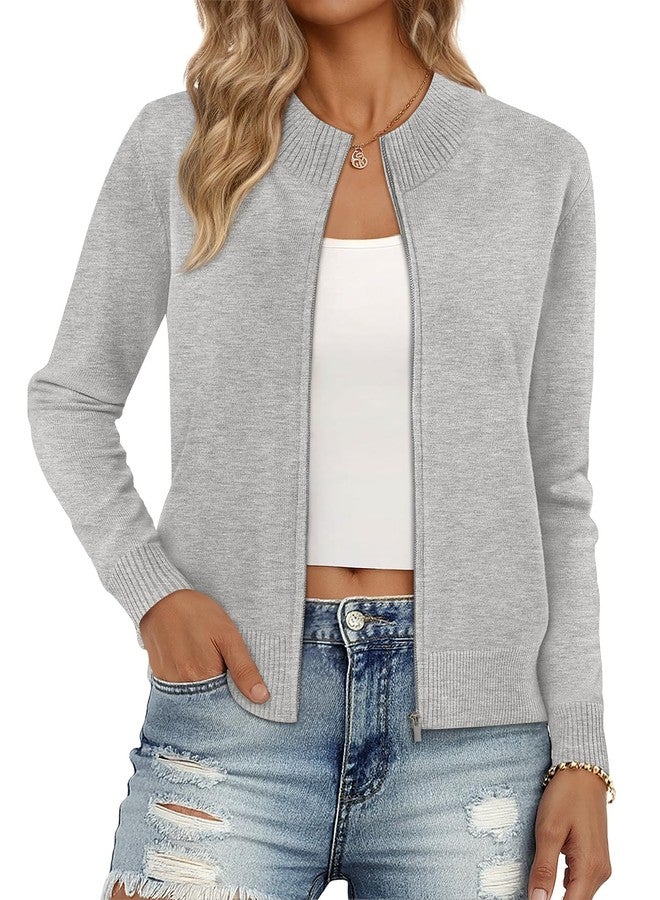 LILLUSORY Womens Zip Up Cardigan Sweaters Crew Neck Trendy Jackets Long Sleeve Outfits Fall Fashion 2025 Winter Clothing Grey XL - Image 1